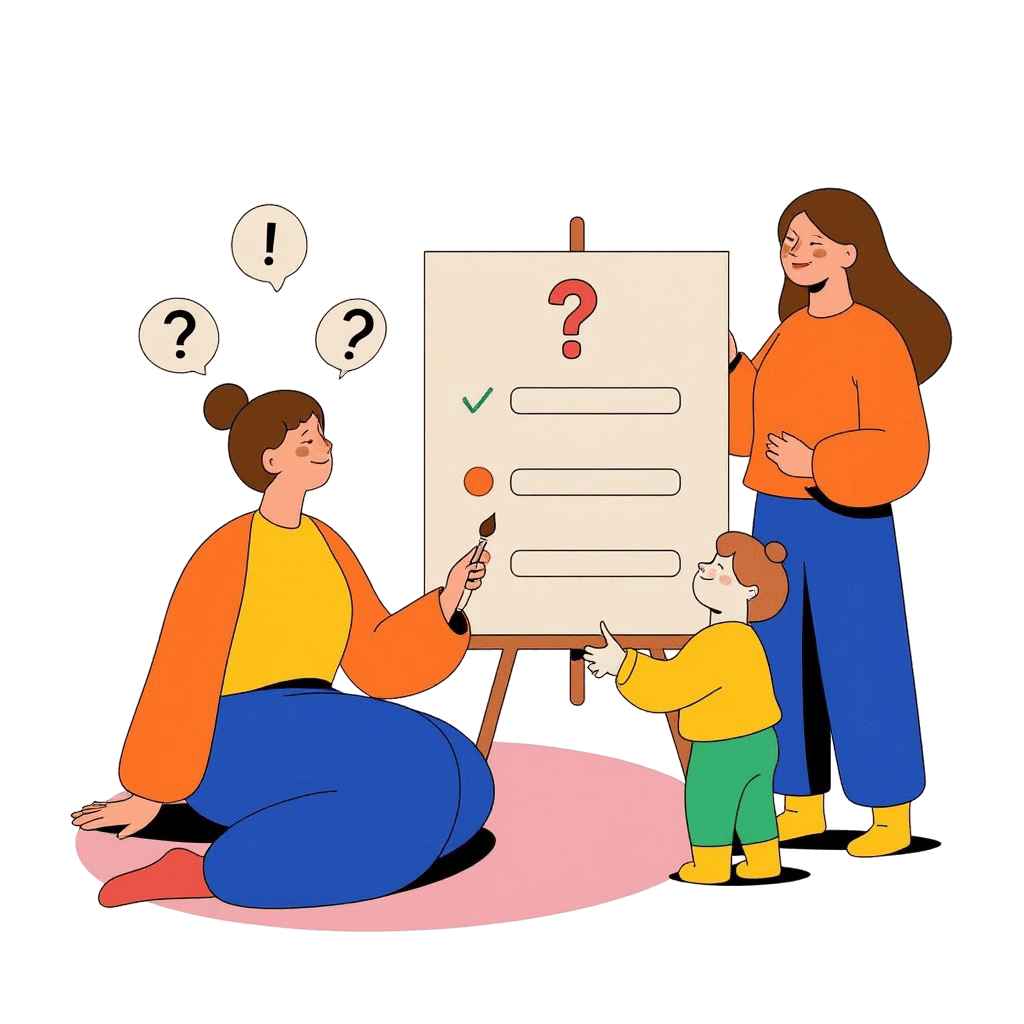 Illustration eines Fragezeichens und Notizblatts, das die häufigsten Fragen zu Kursen darstellt.