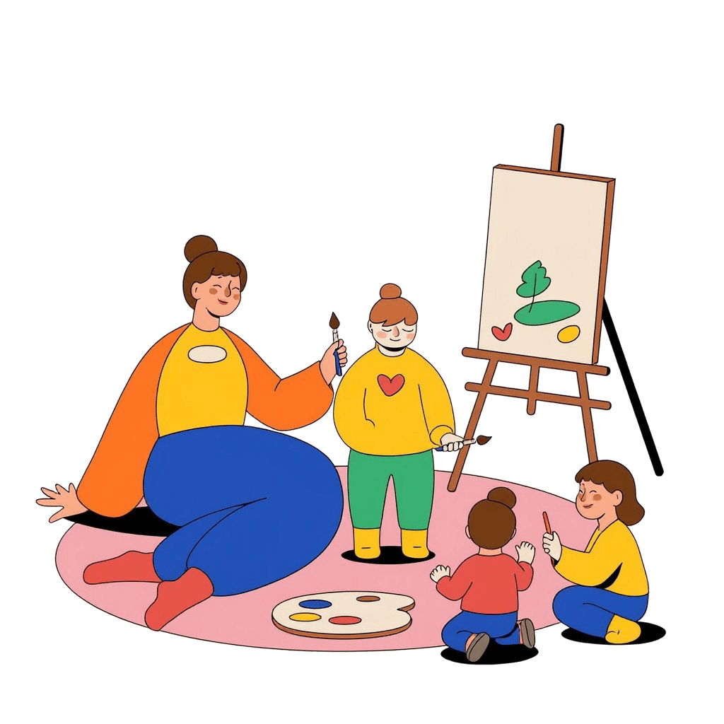 Kinder und Erwachsene beim Malen auf einer bunten Unterlage, lachend und kreativ tätig, mit Pinsel und Farben.