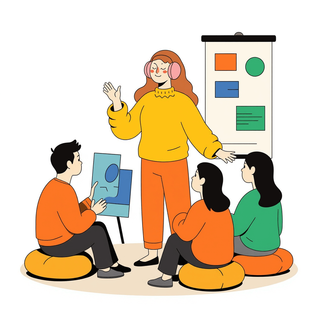 Kurs Ablauf Kinder und Erwachsene nehmen aktiv an einem Kreativkurs teil, malen und gestalten gemeinsam, während die Kursleiterin unterstützt. Darstellung einer lebendigen Lernumgebung.